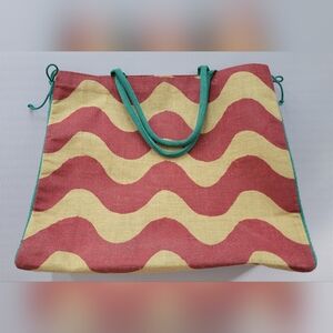 Mudpie XLarge Wave-Print Tote Bag in Red and Burlap with Teal Handles